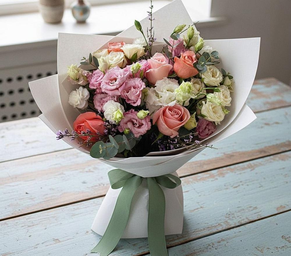 Букет цветов из: Розы, Лизиантусы и Гвоздики в Солигаличе