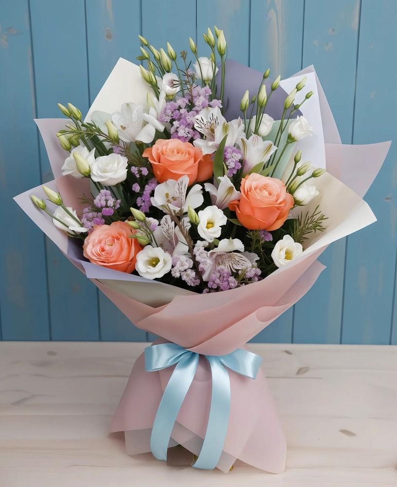 Букет цветов из: Лизиантусы, Розы, Альстромерии и Гипсофила в Солигаличе